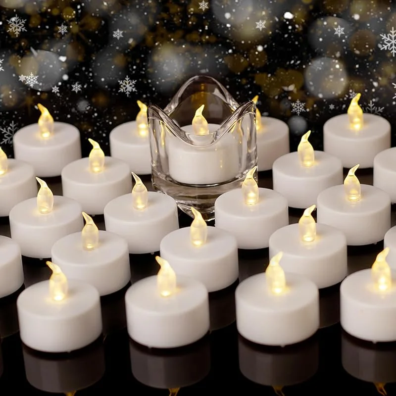 Auralome Velas de té LED eléctricas, 100 unidades, con batería, sin llama, larga duración, 200 horas, llama parpadeante, pequeña vela para Halloween, Navidad, decoración, color blanco cálido — Luces Navidad