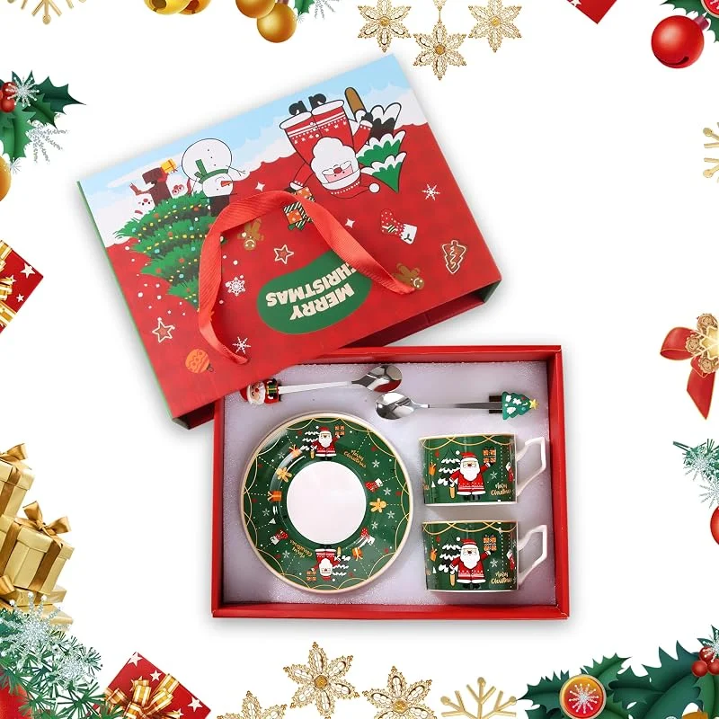 FairyPeach Juego de 2 Taza de Café de Navidad, Taza Ceramica Navidad, con Tapa, Cuchara y Platillo, Adecuado para Uso Personal o para Regalar, 200ml (Verde) — Adviento y mesa
