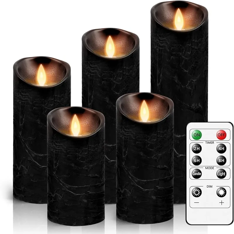 Visita la tienda de AiiBowy Velas LED Sin Llama [5 Piezas] - Cera Real, Funciona con Pilas, Llama Parpadeante, Control Remoto, Función de Temporización - Velas al Aire Libre para Halloween, Navidad, Decoración - Negro — Cena a la luz de velas