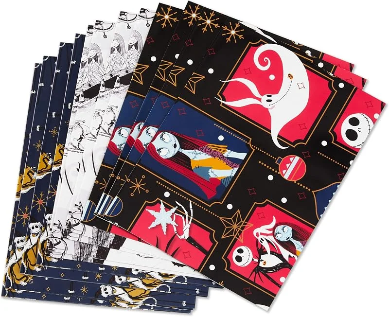 Hallmark - Hojas de papel de regalo planas de Pesadilla antes de Navidad con líneas de corte en la parte posterior (12 hojas plegadas) para Navidad, cumpleaños, Halloween — Envoltorio regalo