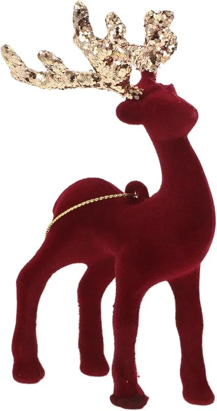 PRETYZOOM Figura de Reno Navideño Flocado Rojo para Árbol y Mesa Festiva — Decoracion Navidad