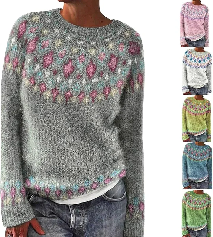 Generic HUIFUAO - Suéter de Navidad para mujer, talla grande, suéter de punto nórdico noruego, islandés, grueso, cálido, vintage, gráfico, manga larga, sudaderas — Ropa Navidad