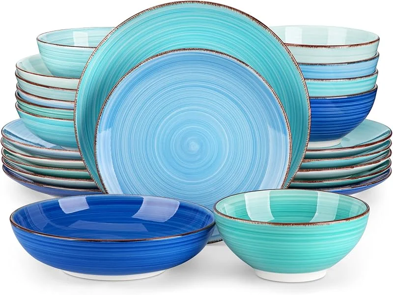 Visita la tienda de vancasso vancasso Serie Bonita Juego de Vajilla Completo 24 Piezas Pintados a Mano con 6 Platos Llanos, 6 Platos de Postre, 6 Cuencos para Pasta y 6 Cuencos de Cereales, Vajilla Azul Colores para 6 Personas — Adviento y mesa