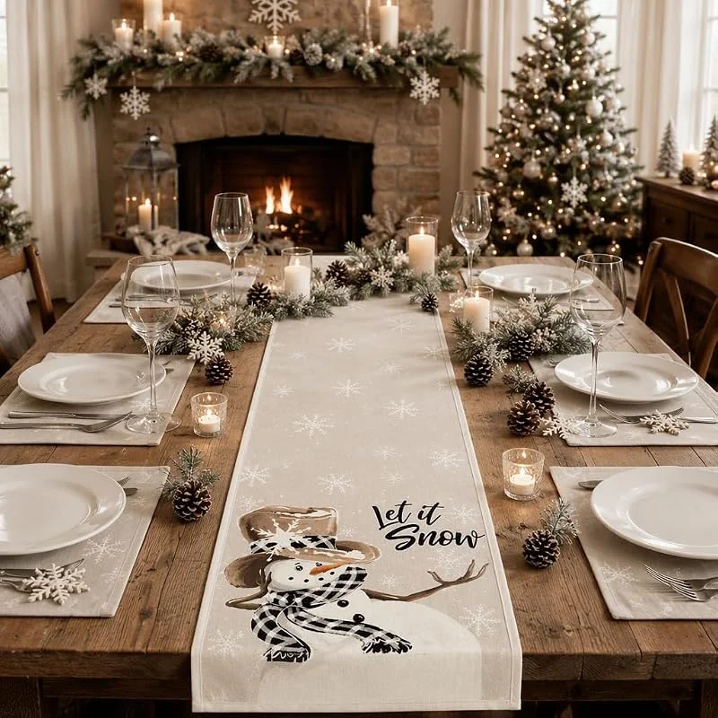 InteDesign Camino de mesa navideño, 33 x 183 cm, 6 manteles individuales de 30 x 45 cm, juego de lino lavable, diseño de muñeco de nieve, decoración navideña, mesa rústica, protección de mesa impermeable para — Hogar y cocina
