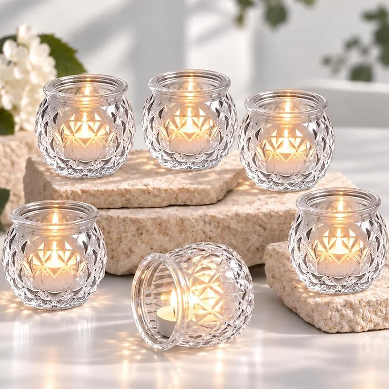 RoiYeel 12 Portavelas de Cristal, Vasos para Velas de Té, Vintage para Mesa — Cena a la luz de velas