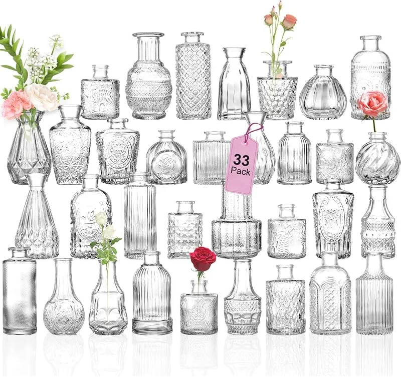 Pulyibo Florero de Cristal de 33 Piezas, Pequeños Jarrones para Centros de Mesa Rústicos de La Boda, Mini Jarrones a Granel Decoración de La Tabla Casera de La Flor, Floreros Claros a Granel — Hogar y cocina