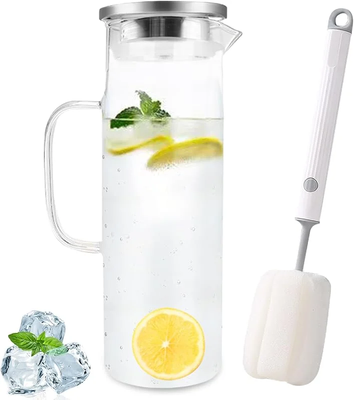 Diompirux 1, 5 Litros Transparente y resistente al calor Botella, Jarra de Vidrio con Tapa y Cepillo, Limpieza fáciles de limpiar, para agua fría caliente, té helado, vino, café, leche y zumo — Vino y mesa festiva