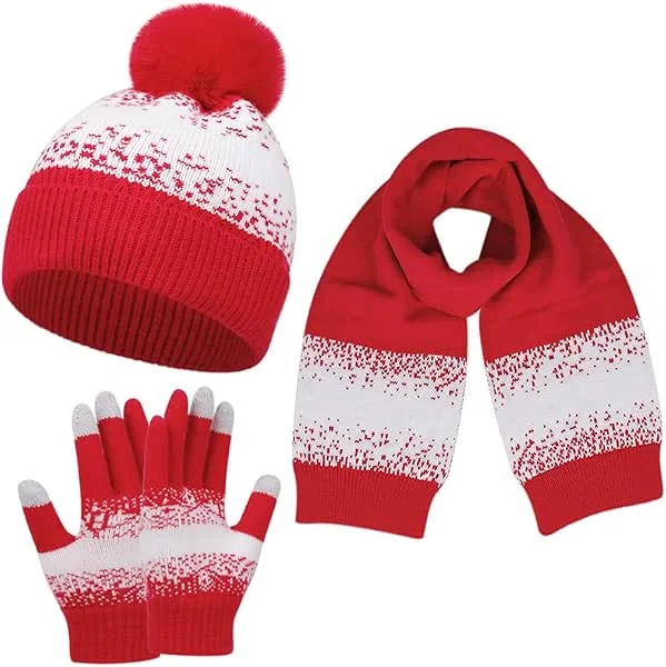 Yanmucy Conjunto de gorro, bufanda y guantes para mujer, gorro de punto, bufanda larga, guantes de pantalla táctil, para mujer, gorro con pompón, gorro de invierno para clima frío, esquí al aire libre — Ropa Navidad