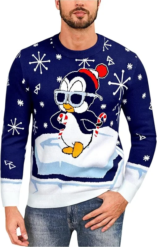 Visita la tienda de Demegimi Demegimi Jersey Hombre Navidad Divertido Suéter para Invierno Jersey Navideño Feo de Pingüinos Redondo Pullover de Punto — Ropa Navidad