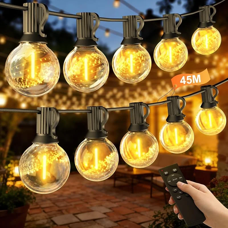 Visita la tienda de BokiHuk Guirnalda Luces Exterior 45M, Regulable Luces Led Exterior Jardin con Mando a Distancia, Impermeable Luz Guirnalda Exteriores con 75+2 Bombillas para Terraza, Fiesta, Cobertizos, Bodas, Pergolas — Luces Navidad