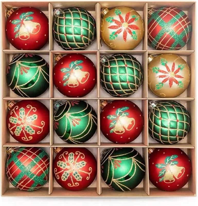 Yukiyi Bolas de Navidad, 16 piezas de 6 cm, color rojo, dorado y verde, bolas colgantes de Navidad, decoración de árbol de Navidad, bolas inastillables, decoración de temporada, invierno, vacaciones, fiesta — Decoracion Navidad