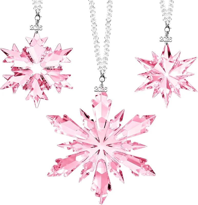 Lanpn Adornos Navideño de Cristal 3 Piezas, Adorno Navidad Edición Anual de Copos de Nieve 2026, Brillante Decoración para Árbol Navideña, Colgantes Navidad Set de Regalo para Mujer Niñas, Rosa — Decoracion Navidad