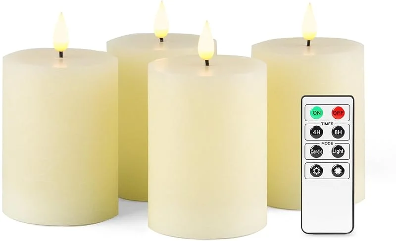 Visita la tienda de Fanna Fanna 4 velas blancas a pilas con temporizador, Velas led rústico para Navidad com Mando a distancia, 8 pilas incluidas, Altura 10cm — Luces Navidad