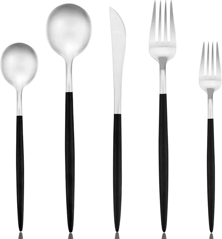 Visita la tienda de AOOSY 20 piezas de cubertería conjunto vajilla de acero inoxidable Set vajilla conjunto cubiertos conjunto incluyendo tenedor cuchillo cucharas servicio para cuatro personas negro y plata 18, 10 (4 juegos) — Adviento y mesa
