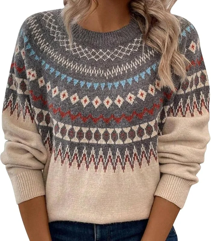 Generic HUIFUAO - Suéter de Navidad para mujer, talla grande, suéter de punto noruego, nórdico, islandés, cálido, térmico, retro, gráfico, manga larga, sudaderas — Ropa Navidad