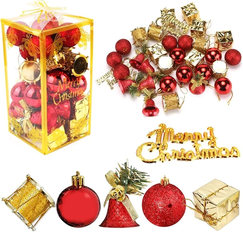 SUWYNJ Caja de Bolas de Navidad de Plástico Inastillable 32 Piezas Bolas de Navidad de Color Rojo y Dorado Adornos Navidad Irrompibles Bolas Doradas con Forma de Copo de Nieve para Decoracion Navidad Boda