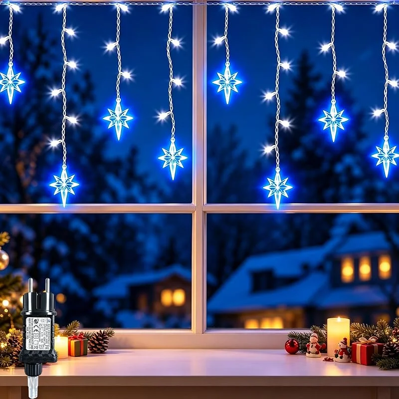 Visita la tienda de AGOTD AGOTD Guirnalda de luces de carámbano de Navidad con 120 luces LED de 3, 2 m, 8 modos de luz, azul y blanco frío, resistente a la intemperie, para exteriores — Luces Navidad