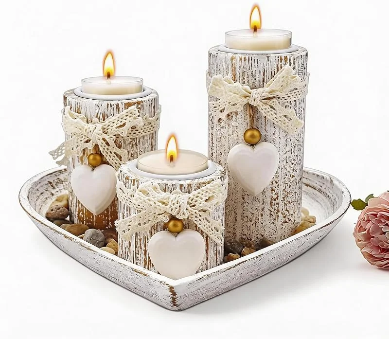 ZHUDALA Portavelas Set Corazón Cristal Vidrio Madera Decoración Centro Mesa Salón — Cena a la luz de velas