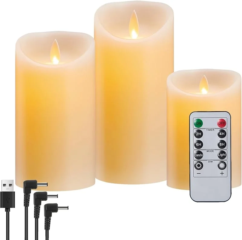 Koelaa Pack de 3 Velas LED de Cera Real Recargables - Efecto Llama Parpadeante con Mando a Distancia, Temporizador 2, 4, 6, 8H - Velas Decorativas sin Llama para Navidad, Bodas, Cenas Románticas — Cena a la luz de velas