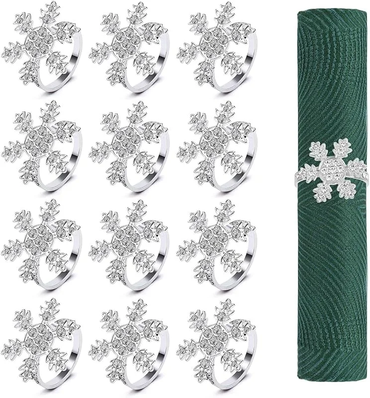 KAHEIGN 12 Piezas Servilleteros Navideños, Plata Copo de Nieve Servilleteros Hebilla de Servilleta de Navidad con Diamantes de Imitación por Navidad Acción de Gracias Mesa Decoración (4, 5cm x 4, 5cm) — Adviento y mesa