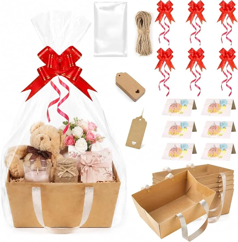 xolear 6 Cesta Regalo Vacia Papel Kraft Marrón Bolsa Celofan Transparent — Envoltorio regalo