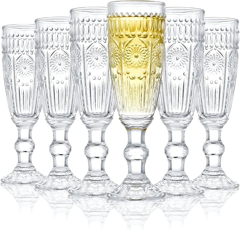 Kingrol Paquete de 6 copas de champán de vidrio de 5 onzas, copas de vino espumoso vintage para champán, cava, prosecco — Vino y mesa festiva