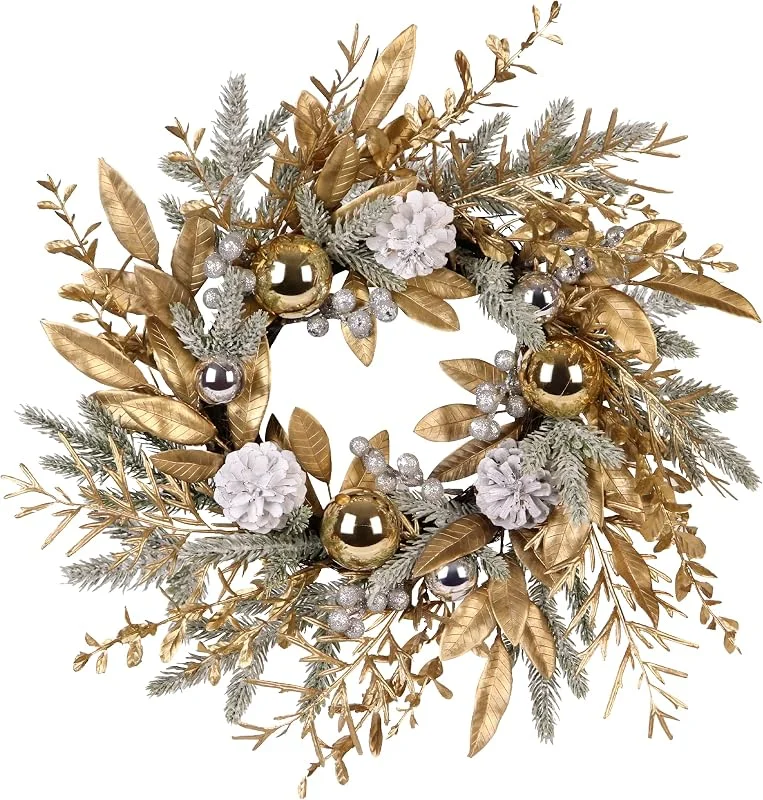 Zavothy Corona de Navidad para puerta, 50 cm, corona de Navidad, corona artificial con piñas y bolas de Navidad, corona de Adviento, decoración de Navidad, decoración de puerta delantera (dorado) — Decoracion Navidad