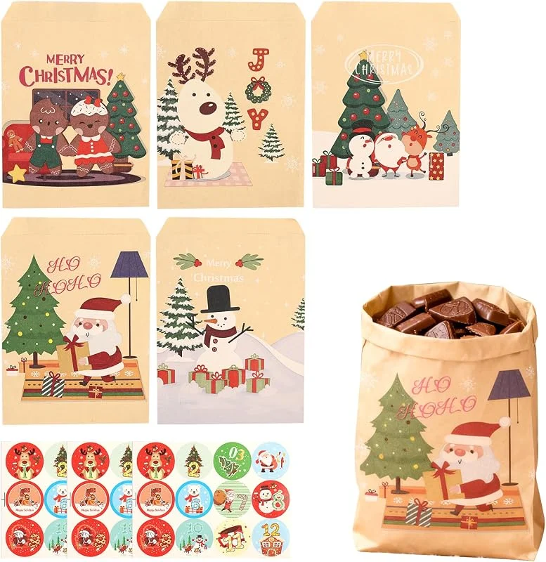 Zuahaly 50 pcs Bolsa Regalo Navidad Papel Kraft Pequeñas de 13 x 18 cm para Chuches y Comida + 36 Pegatinas de Sellado con Diseño de Copos de Nieve para Regalos en, Conjunto Completo y Festivo — Envoltorio regalo