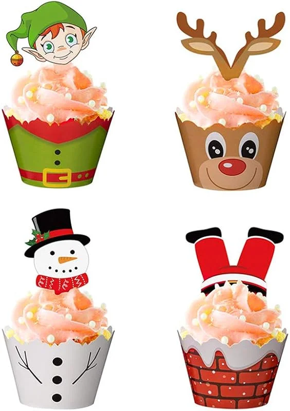 Vidillo Navidad Cupcake Toppers y envoltorios 72 piezas de accesorios para fiestas de Navidad, Muñeco de nieve, Papá Noel, reno, duende divertido Cupcake Topper para Baby Shower cumpleaños graduación boda — Hogar y cocina