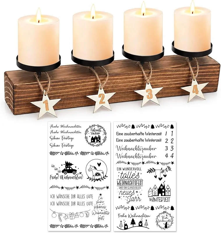 YYSWSAKY Portavelas de Adviento de madera, cartel de estrellas con los números del 1 al 4, 42 x 8 x 6 cm, con 2 pegatinas de velas, para decoración de Navidad, mesa de Navidad, alféizar de la ventana — Adviento y mesa