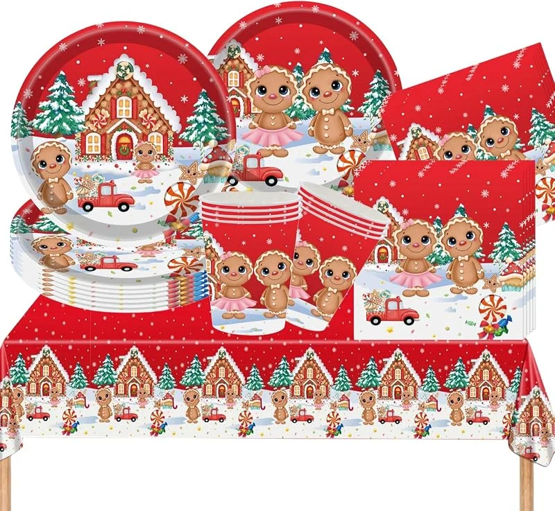 COSORO Juego de Vajilla de Navidad de 69 Piezas: Mantel de Plástico, Platos Papel, Servilletas y Vasos para Decoración Mesa de Fiesta Navidad, Juego Vajilla Rojo con Hombre Jengibre para Suministros — Adviento y mesa