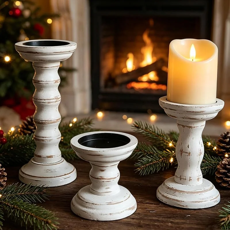 EQULIUS Candelabros de madera: juego de 3 candelabros rústicos, candelabros de pilar, portavelas de madera, portavelas de columna, decoración de mesa, portavelas vintage para chimenea, mesa, fiesta — Cena a la luz de velas