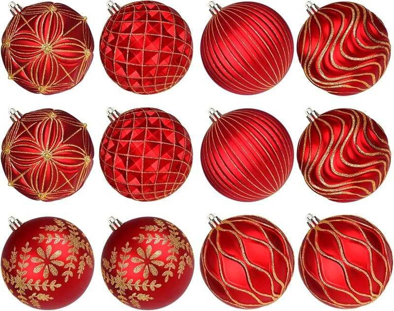 Lanpn 12 Pcs 10cm Bolas de Navidad Grandes, XXL Bola Árbol Navideñas Exterior, Esferas Navidad Plástico Inastillable de Relieve Patrón, Adornos Navideña Colgante para Hogar Jardines Patios, Oro & Rojo — Decoracion Navidad