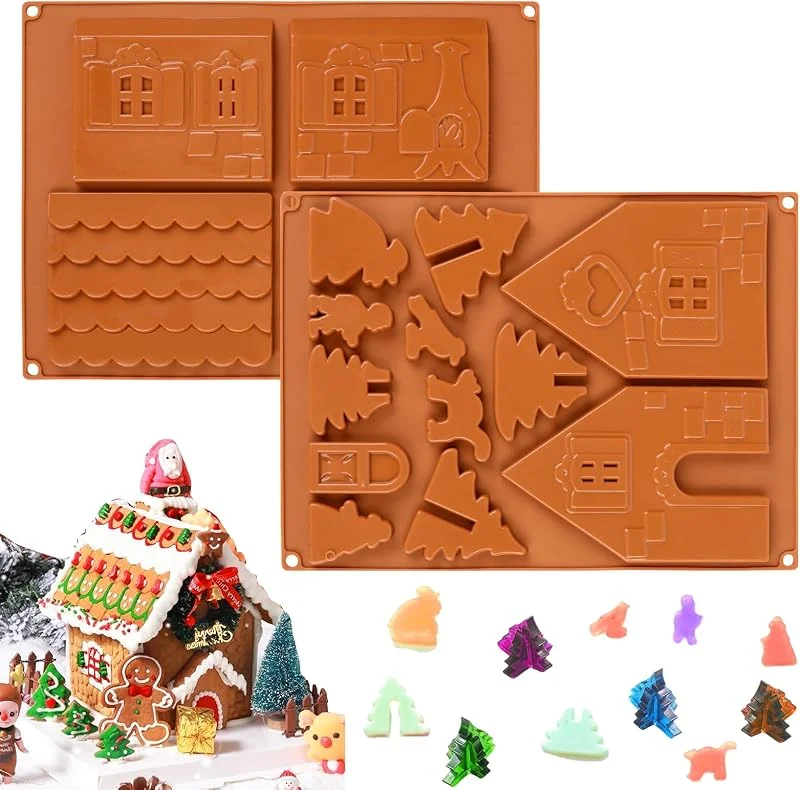 MplehDa Molde de silicona para casa de jengibre, casa de Navidad, molde de silicona, molde de chocolate, molde para pasteles, galletas, manualidades, galletas, pastel, color chocolate, CBY-021 — Hogar y cocina