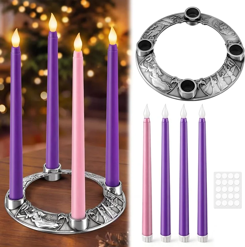 ElectricWise Candelabro de corona de Adviento con 4 velas LED sin llama, color plateado — Adviento y mesa