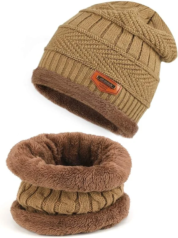 TAGVO Conjunto de bufanda con gorro de invierno Beanie Sombrero Forro interior Cálido Gorro de punto elástico Cuello elástico Calentador Ajuste perfecto para niñas Niños Adultos — Ropa Navidad