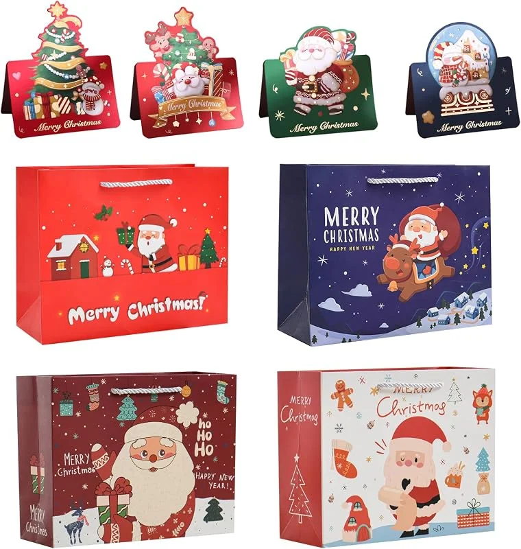 FOSDICK 4 PCS Navidad Bolsa Regalo, 25 * 20 * 10cm Bolsas de Regalo Navideño Reutilizables, Bolsas De Navidad Con Asas, con 4 PCS Tarjetas Navidad para Fiestas Navidad — Envoltorio regalo