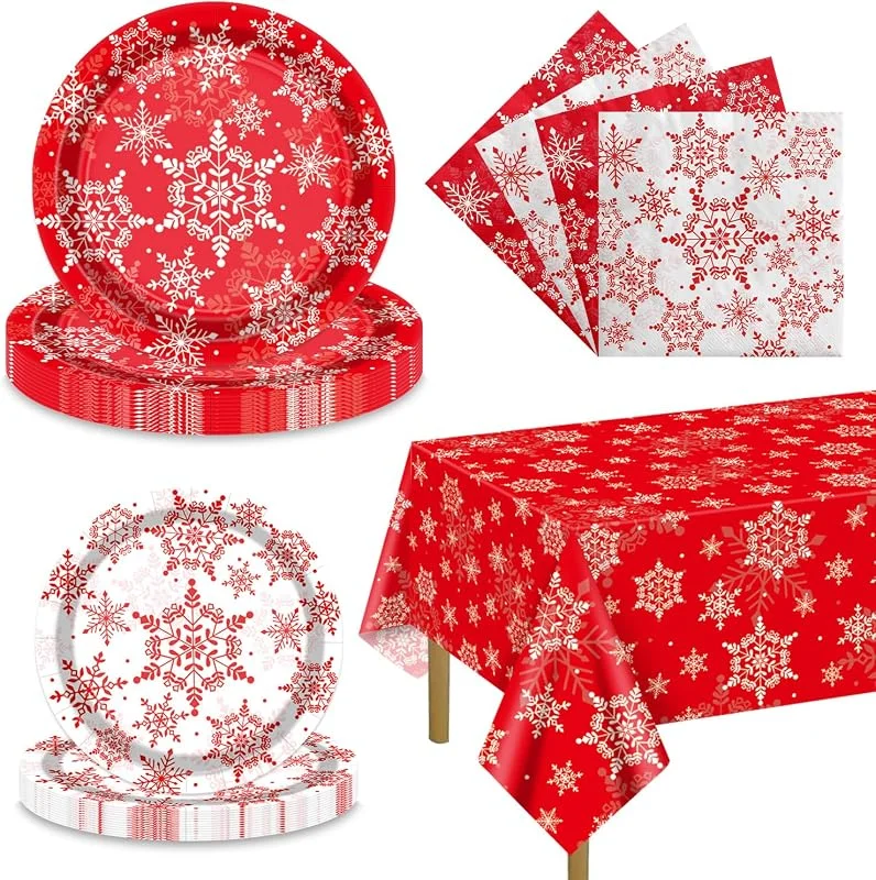 APUXXJUPA Juego de platos de copo de nieve de Navidad para 20 invitados, incluye mantel de copos de nieve rojos, servilletas y platos para Navidad, vacaciones de invierno, decoraciones de fiesta de Año Nuevo — Adviento y mesa