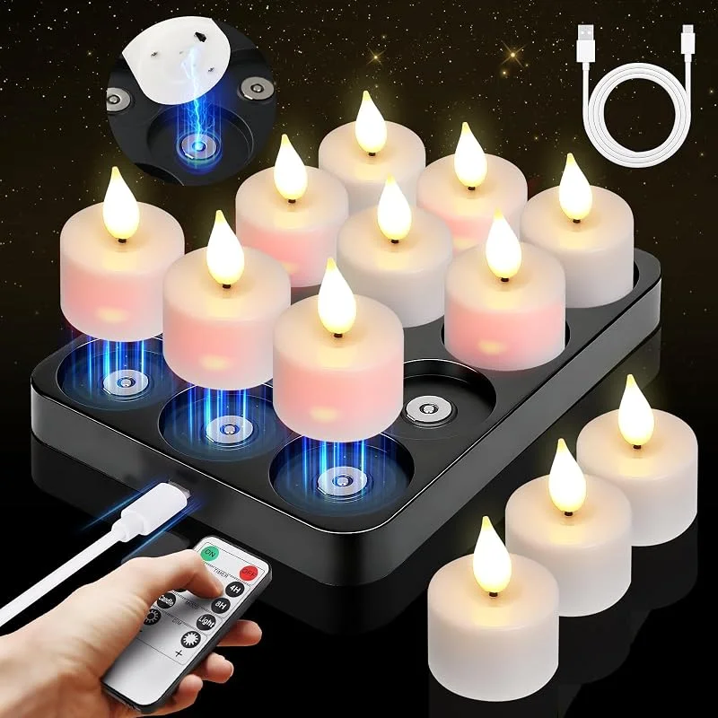 Besight Velas LED Recargables, 12 Piezas, Carga Magnética, 2 Mandos a Distancia — Adviento y mesa