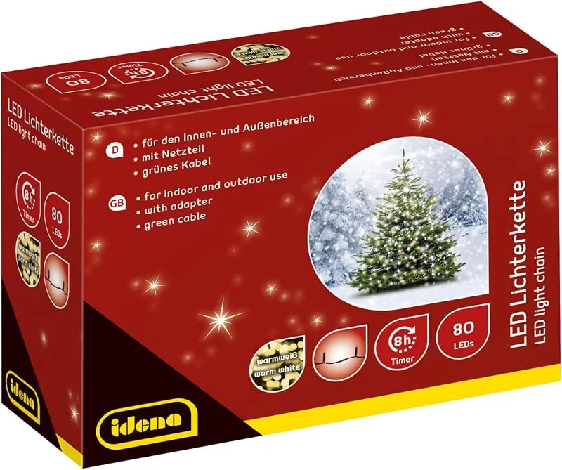Visita la tienda de Idena Idena 8325058 - Cadena de luces LED con 80 LEDs en blanco cálido, con función de temporizador de 8 horas y transformador, para interior y exterior, para fiestas, navidad, decoración, bodas — Luces Navidad