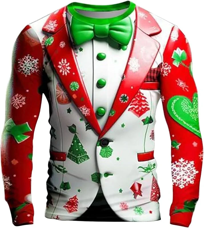 Generic Jersey de Navidad para hombre, traje falso impreso en 3D, suéter feo con diseño de árbol de copo de nieve, camiseta de manga larga para fiesta de Navidad, cena, graduación, boda, esmoquin — Ropa Navidad
