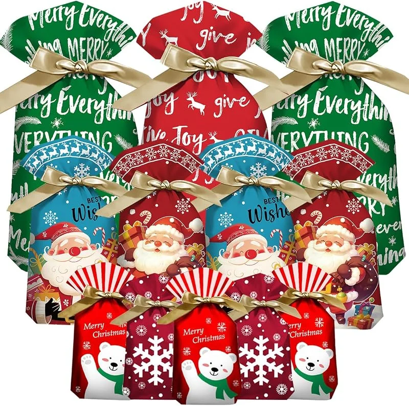 BESCMAX Bolsas de regalo navideñas con cordón: 30 bolsas navideñas de diferentes tamaños y colores con cordón para decoración de fiestas navideñas. — Envoltorio regalo