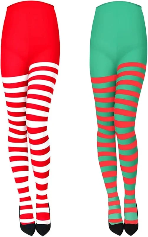 KBSICWO 2 Pares Calcetines Rayas Navidad, Medias de Rayas Rojas Verdes y Rojas Blanco, Leotardos Elfo para Mujer, Accesorios para Disfraz de Mascarada, Navidad, Carnaval — Ropa Navidad