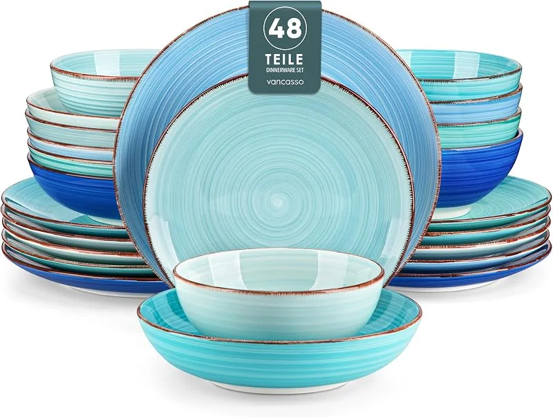 Visita la tienda de vancasso vancasso BONITA Vajillas Completas 48 Piezas per 12 Personas, Vajillas Modernas en Gres, Pintados a Mano - Platos Llanos, Platos de Postre, Cuencos para Pasta y Cuencos - Bleu, Apto para Microondas — Adviento y mesa