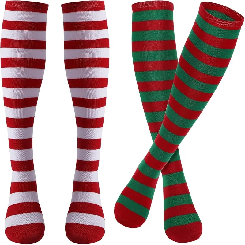 Sibba Striped Long Socks Tights Costume Color Sox Stockings Shoes Accessories Red Knee-High Christmas Clothes Gothic for School Halloween Cosplay Party Girl Women — Ropa Navidad