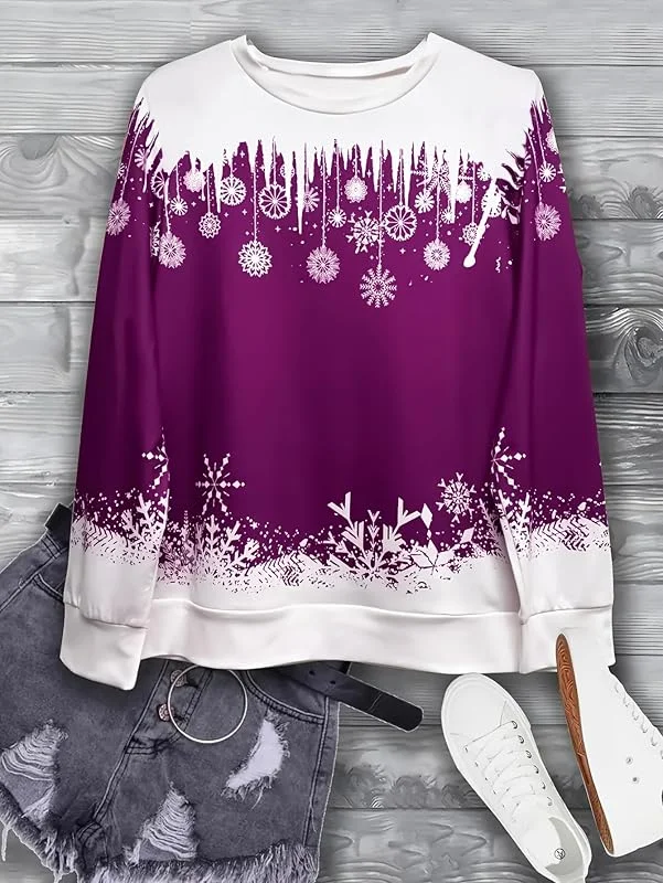 Sudadera de Navidad para mujer, manga larga, cuello redondo, estampado de copo de nieve, color con estampado de carámbano, suéter casual para vacaciones — Ropa Navidad