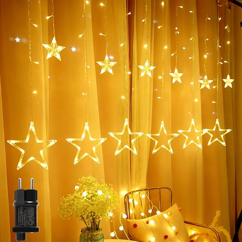 Kimuwote Cortina Luces Navidad, 12 Estrellas 138 LEDs Luces Navidad Estrella con 8 Modos Timer Función Exterior Interior Decoración para Navideña, Balcón, Ventana, Escaparate, Boda, Fiesta — Decoracion Navidad