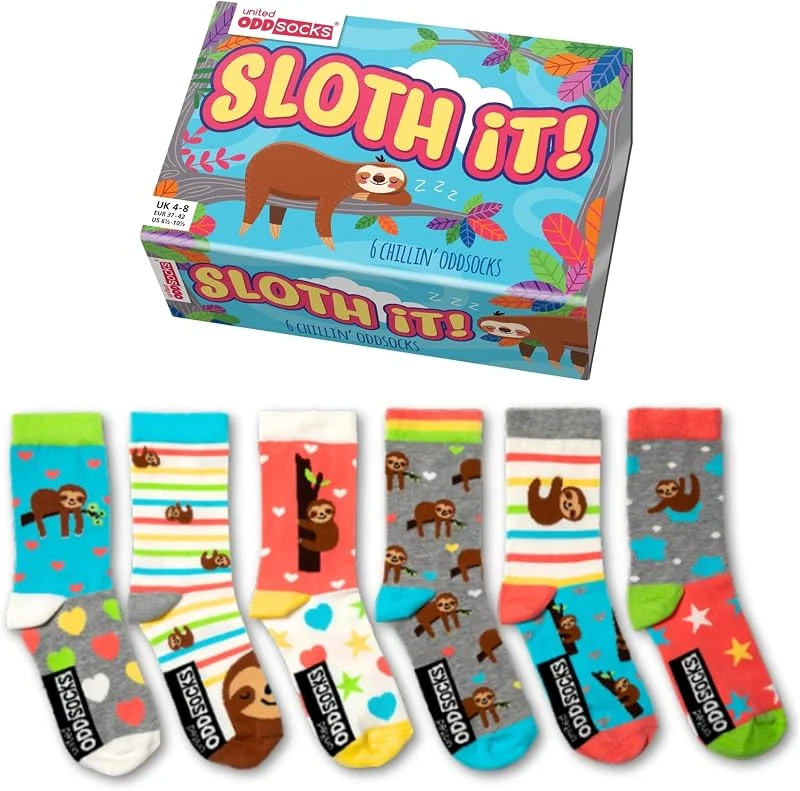 Visita la tienda de United Oddsocks United Oddsocks Sloth It Geschenkbox, 6 bunte Odd Socks für Damen, Mix & Match Faultier-Motiv Socken, entspannte Designs, süße Geschenkidee für Frauen, Geburtstag & Weihnachten, EU 37–42 — Ropa Navidad