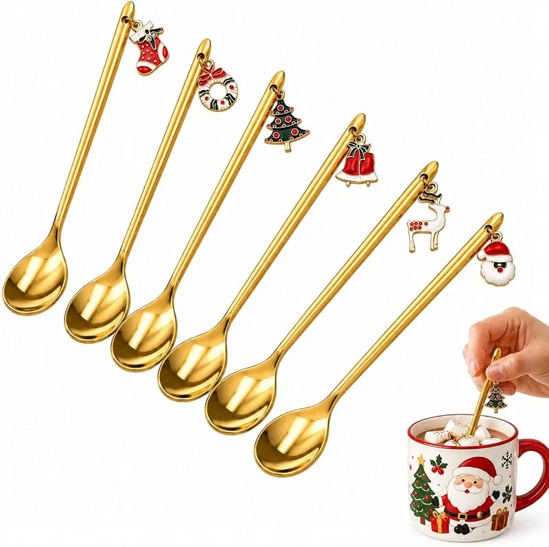 Dewlawn 6 Cucharas Navideñas Acero Inoxidable 13, 5 cm, Cucharillas Postre Navideñas — Envoltorio regalo