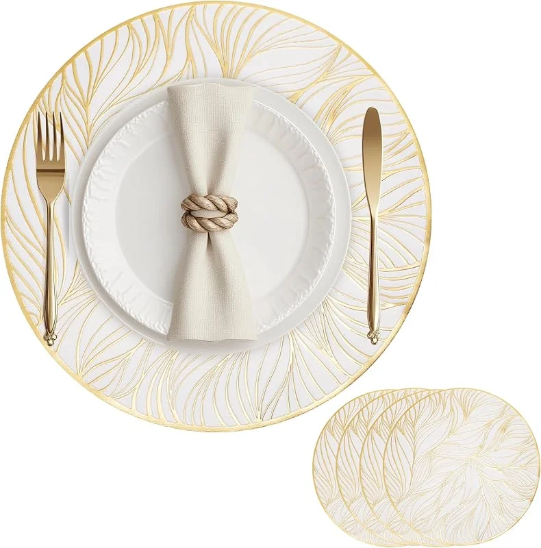 ZLLkeji Manteles Individuales Redondos Motivo de Hojas Juego de 4 Salvamanteles Individuales Lavables Antideslizantes Manteles Individuales PVC para Mesa de Cocina y Restaurantes (Blanco) — Hogar y cocina
